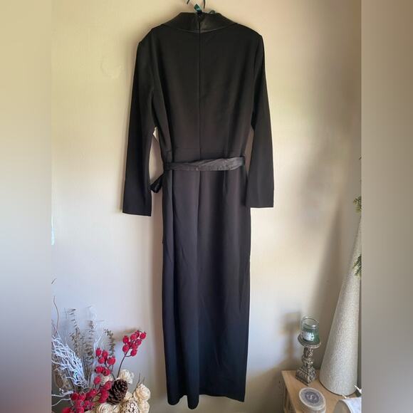 Eliza J Tuxedo Wrap Surplice V-Neck Scuba Crepe Tie Waist Long Sleeve Dress - Picture 6 of 10